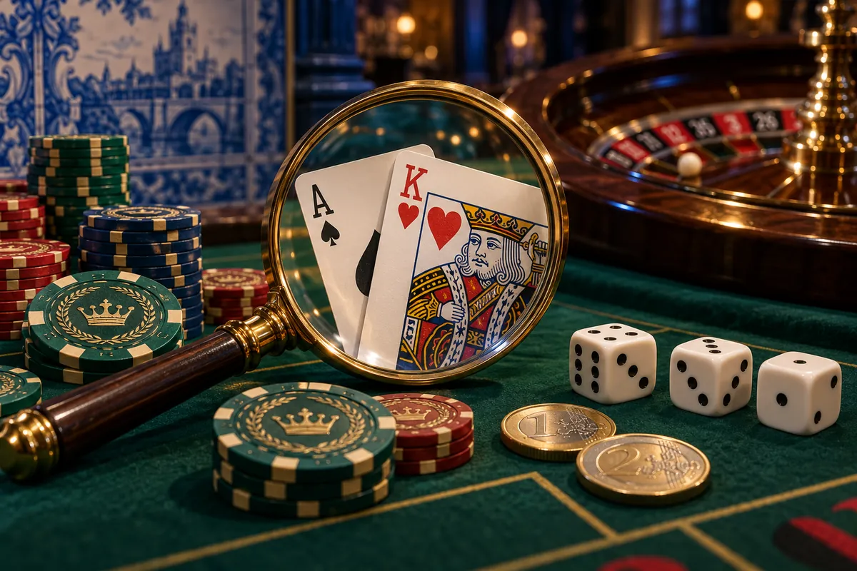 Ilustração de verificação de casinos: lupa sobre cartas e fichas de casino (imagem ilustrativa)